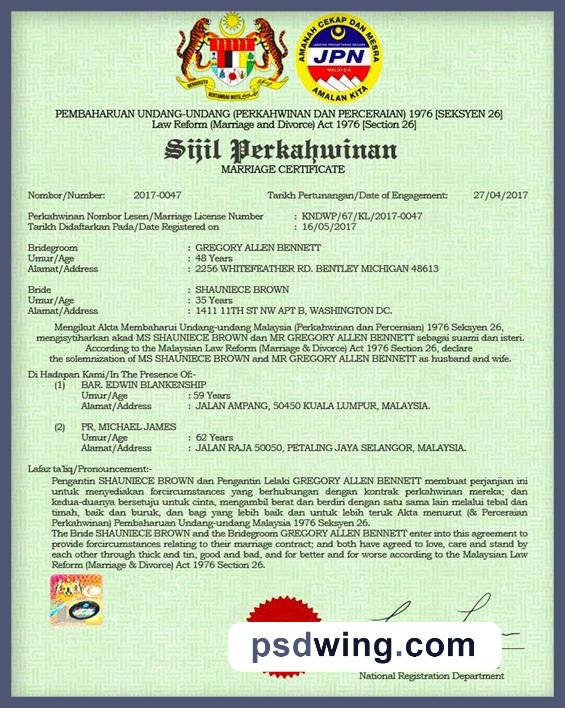 Malaysia National Registration Department Marriage Certificate
